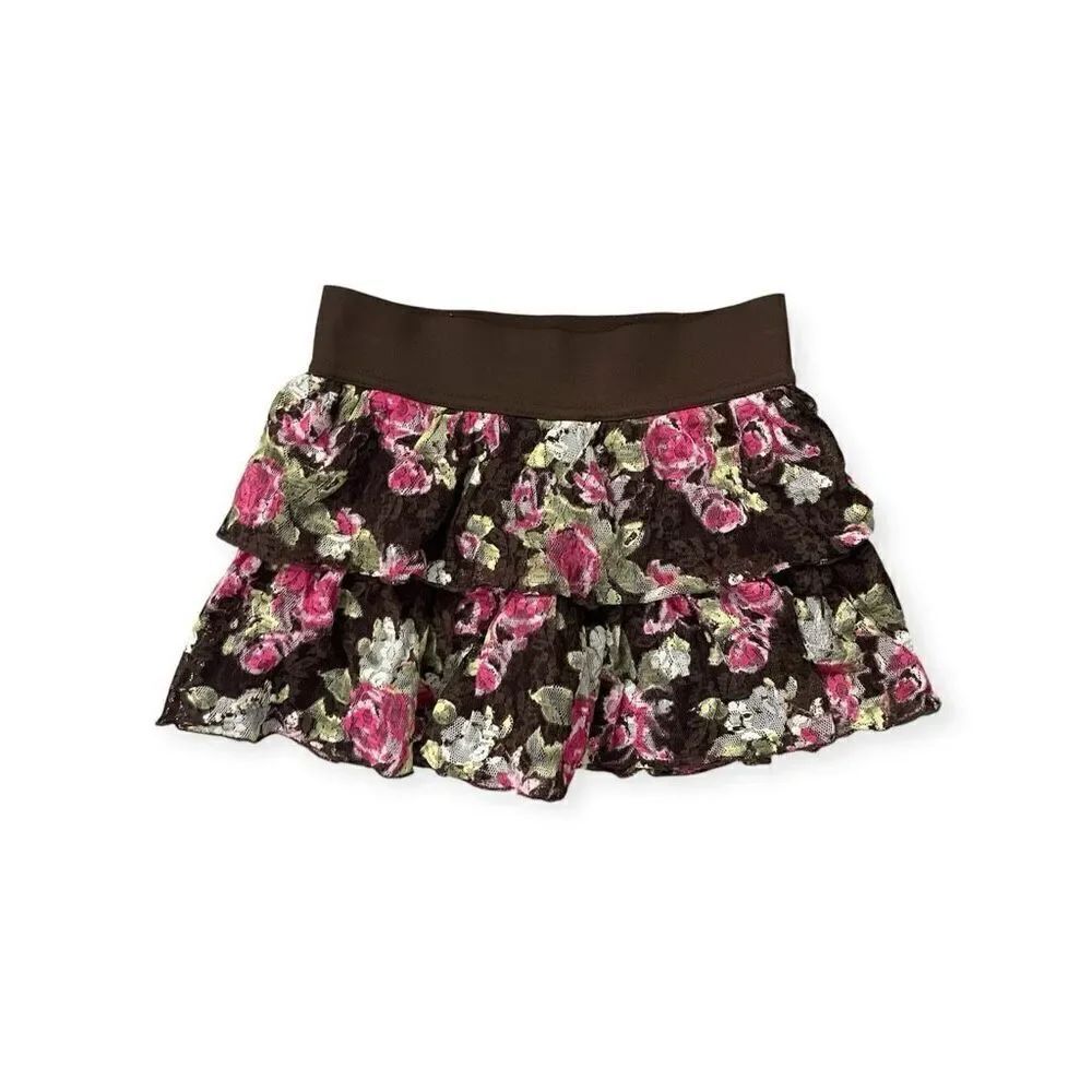Justice Girl’s Brown Pink Floral Lace Pull-On Tiered Skater Skort Size 6